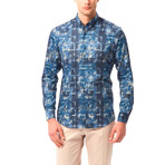 Block Line Pattern Button-Up Shirt // Dark Blue (L)