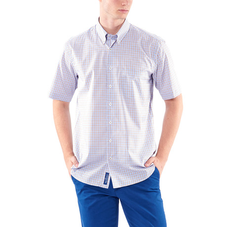 Faded Plaid Short-Sleeve Button-Up Shirt // Coffee + Light Blue (S)