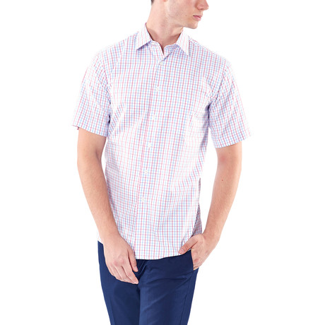 Thin Plaid Short-Sleeve Button-Up Shirt // Red + Blue (S)