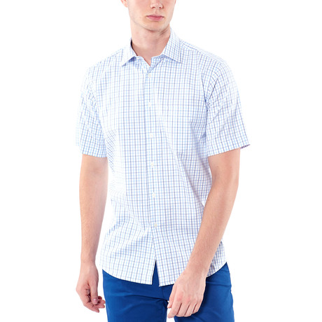 Thin Plaid Short-Sleeve Button-Up Shirt // Blue (S)