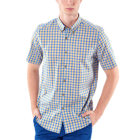 Vibrant Plaid Short-Sleeve Button-Up Shirt // Yellow + Blue (S)