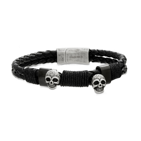 Skull Station Braided Multi-Stranded Leather Snap Bracelet // Black + Silver