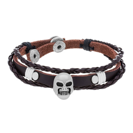 Skull Station Multi-Stranded Leather Snap Bracelet // Brown + White + Silver