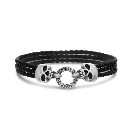 Triple Layered Braided Leather Skulls + Oxidized Bracelet // Black + White