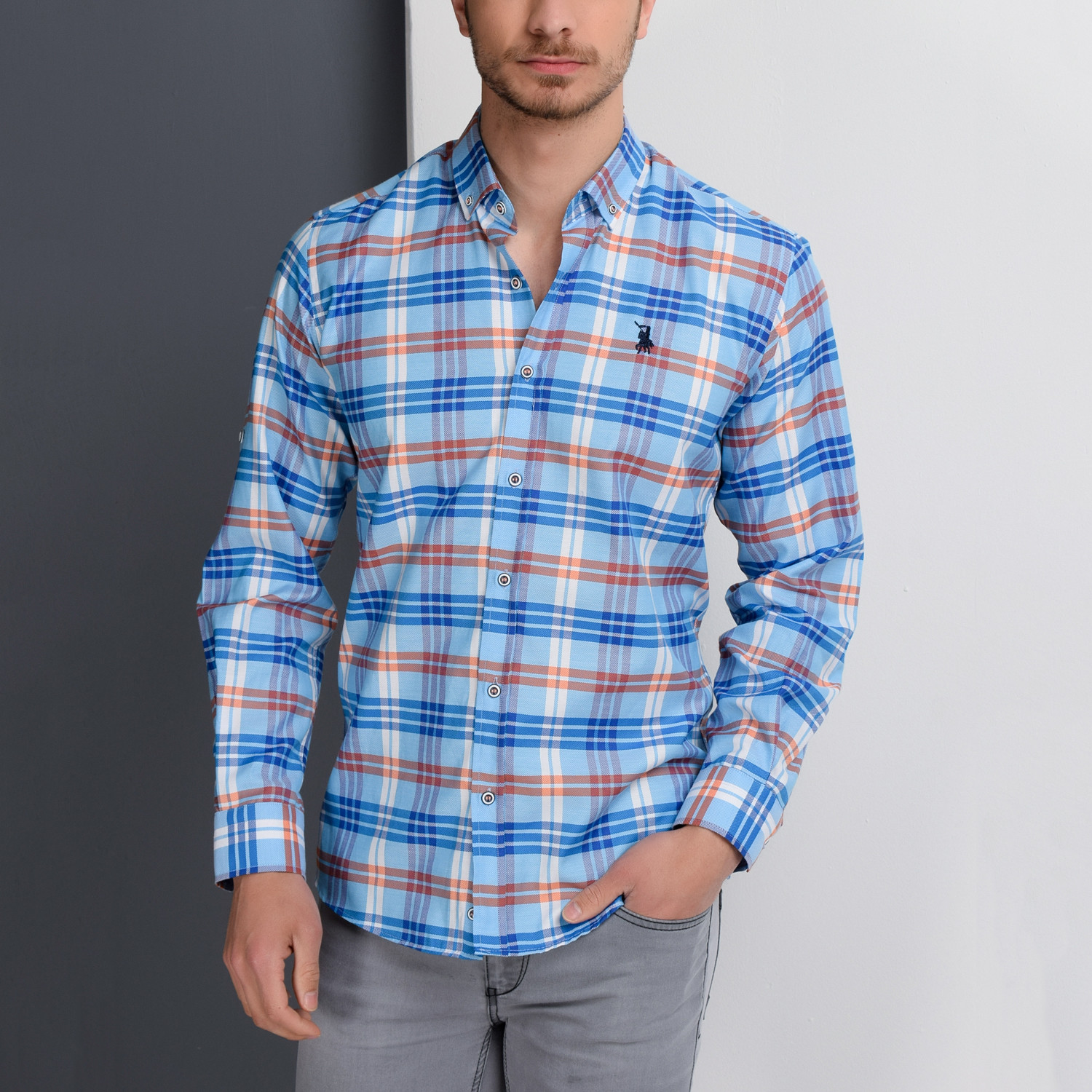 G663 Plaid Button-Up Shirt // Light Turquoise + Red (XL) - Dewberry ...