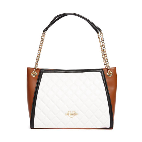 Quilted Double Strap Shoulder Bag // White + Brown + Black