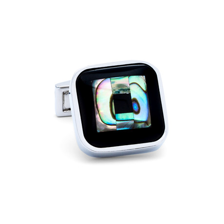 Mother of Pearl Border Square Cufflinks // Silver + Black