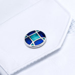 Enamel Vintage Glass Design Cufflinks // Silver + Blue