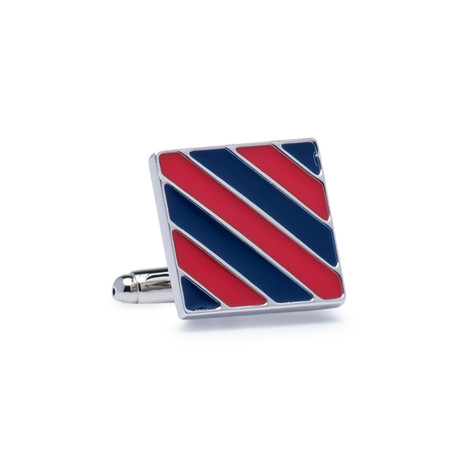 Striped Pattern Squared Cufflink // Silver + Navy + Red