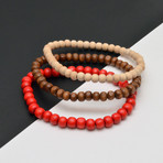 Wood Beaded Bracelet // Brown + Red + Beige // Set of 3 // 6mm Beads