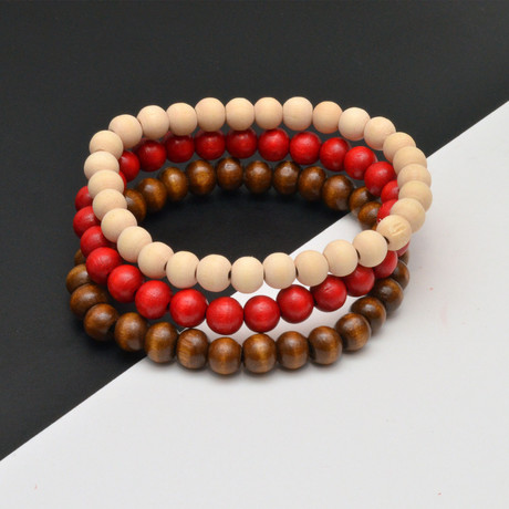 Wood Beaded Bracelet // Brown + Red // Set of 3 // 8mm Beads