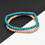 Wood Beaded Bracelet // Beige + Teal // Set of 2