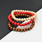 Wood Beaded Bracelet // Brown + Red // Set of 3 // 8mm Beads