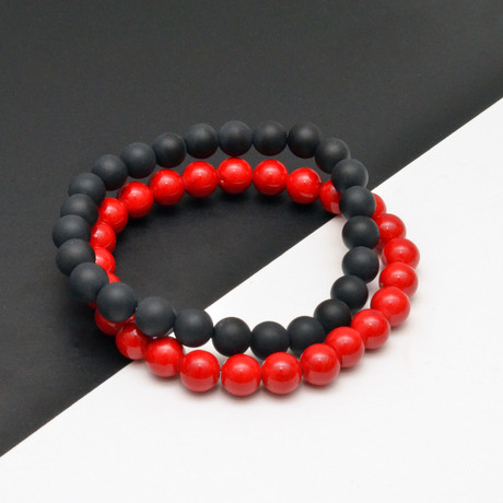 Onyx Beaded Bracelet Black + Red // Set of 2