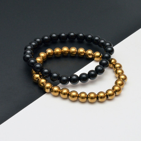 Onyx Beaded Bracelet // Black + Gold // Set of 2