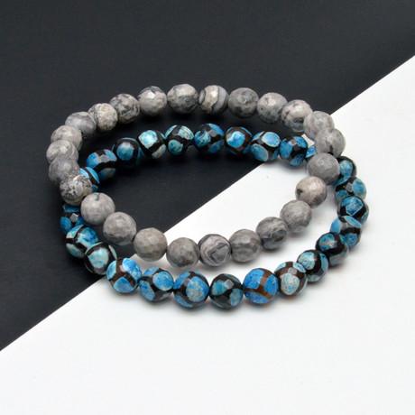 Marble + Blue Agate Beaded Bracelet // Set of 2