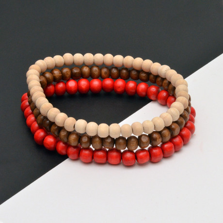Wood Beaded Bracelet // Brown + Red + Beige // Set of 3 // 6mm Beads