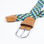 Patterned Woven Stretch Belt // Brown + White + Blue