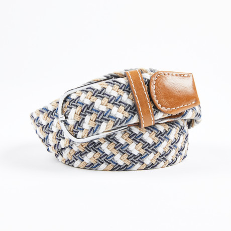 Patterned Woven Stretch Belt // White + Brown + Gray