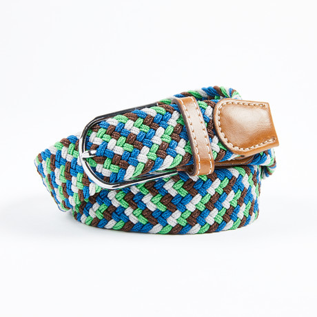 Patterned Woven Stretch Belt // Brown + White + Blue