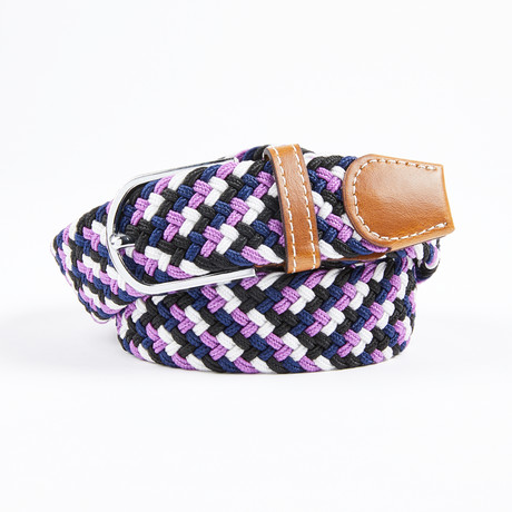 Patterned Woven Stretch Belt // Purple + White + Black + Navy