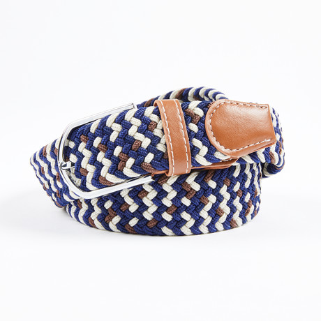 Patterned Woven Stretch Belt // Navy + White + Brown