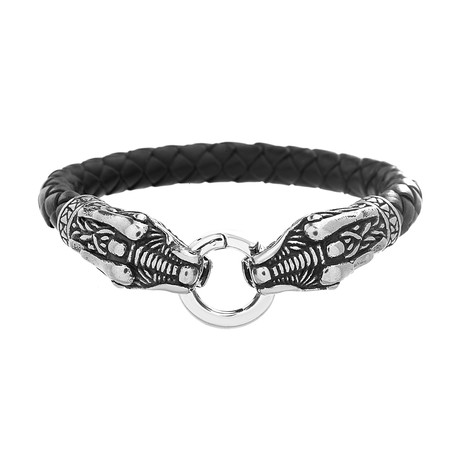 Dragon Head + Spring Lock Leather Bracelet // Black