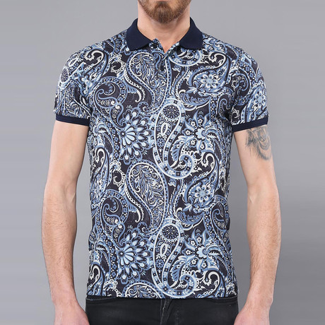 Cliff Floral Short Sleeve Polo Shirt // Navy (L)