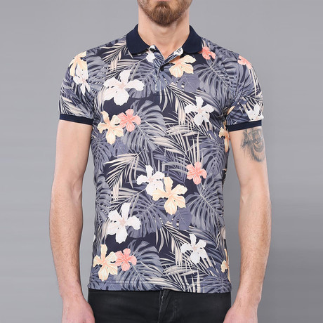 Flint Floral Short Sleeve Polo Shirt // Navy (S)