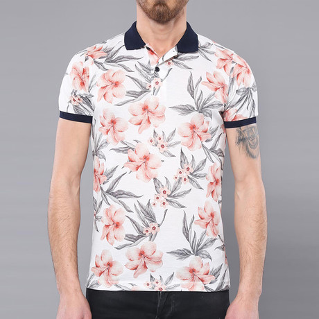 Land Floral Short Sleeve Polo Shirt // Ecru (S)