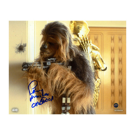 Peter Mayhew Signed Chewbacca In Empire Strikes Back Bowcaster Photo