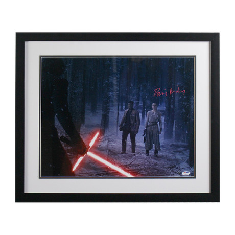 Daisy Ridley Signed Rey In Forest With Kylo Ren+ Finn Photo