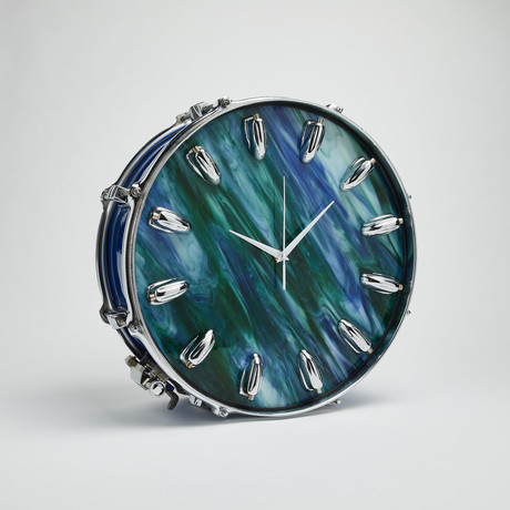 Stagg Snare Drum Wall Clock 14" // Blue + Blue Green Wave