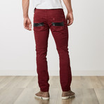 Ripped Leather Trim Jeans // Burgundy (34WX30L)