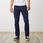 Ripped Leather Trim Jeans // Navy (32WX32L)