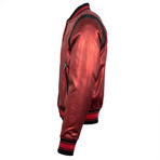 Amiri // Metallic Silk Baseball Bomber Varsity Jacket // Red (S)