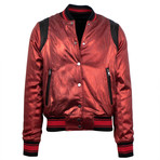 Amiri // Metallic Silk Baseball Bomber Varsity Jacket // Red (L)