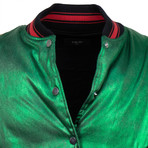 Amiri // Metallic Silk Baseball Bomber Varsity Jacket // Green (S)