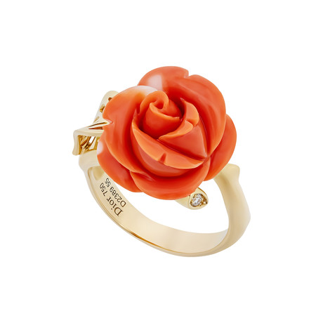 Vintage Christian Dior 18k Yellow Gold Coral Flower Diamond Ring // Ring Size: 11