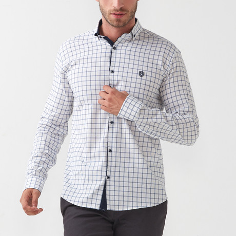 Grid Patch Button-Up Shirt // White + Blue (S)