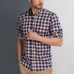 Jo Button-Up Shirt // Dark Blue + Beige (Small)