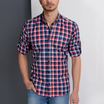 Jo Button-Up Shirt // Dark Blue + Burgundy (Large)
