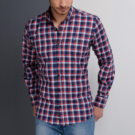 Jo Button-Up Shirt // Dark Blue + Burgundy (Small)