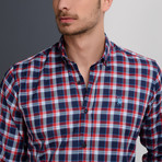 Jo Button-Up Shirt // Dark Blue + Burgundy (Small)