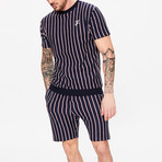 Vertical Stripe Short Sleeve Sweat T-Shirt // Blue Ink (S)
