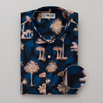 Oneal All-Over Printed Slim Fit Button Up Shirt // Blue + Tan (M)
