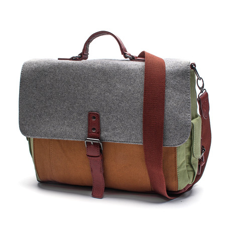 Tri-Color Canvas Messenger Bag (Tan + Grey + Green)