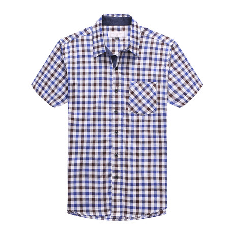 Interrupted Short Sleeve Plaid Shirt // Brown + Blue (S)