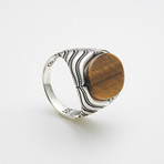 925 Solid Sterling Silver Oval Tiger Eye Ring (Size 8)