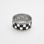 925 Solid Sterling Silver Checkered Pattern Ring // Black + Silver (Size 8)